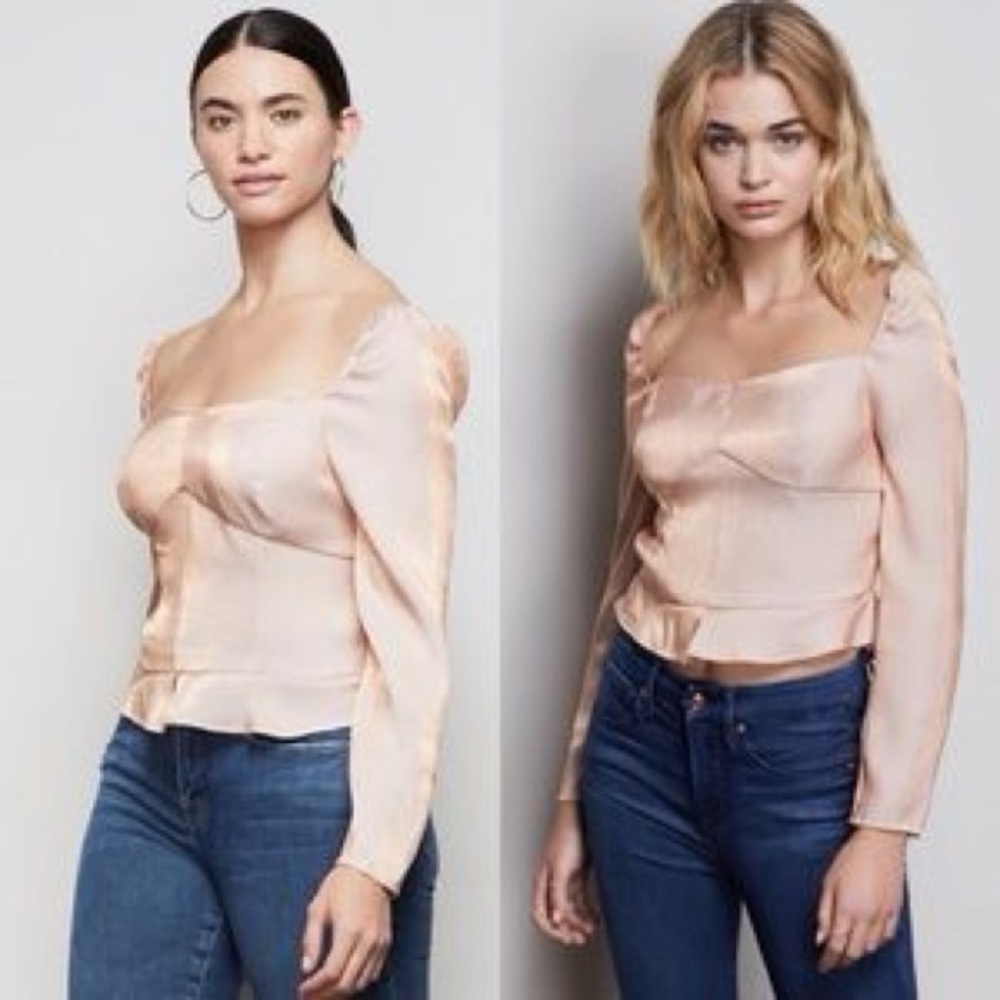 NWT GOOD AMERICAN Rose gold pink shimmer square neck blouse top Sz 0